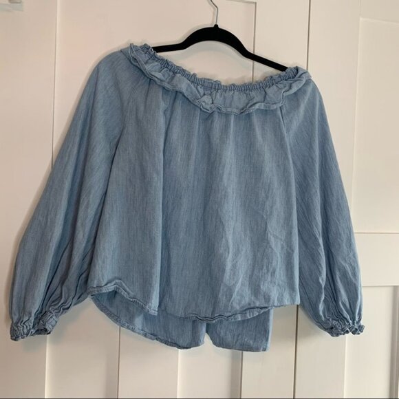 Free People Women's Top Medium Knit Chambray Tie Neck Blue Size XS - Picture 6 of 9